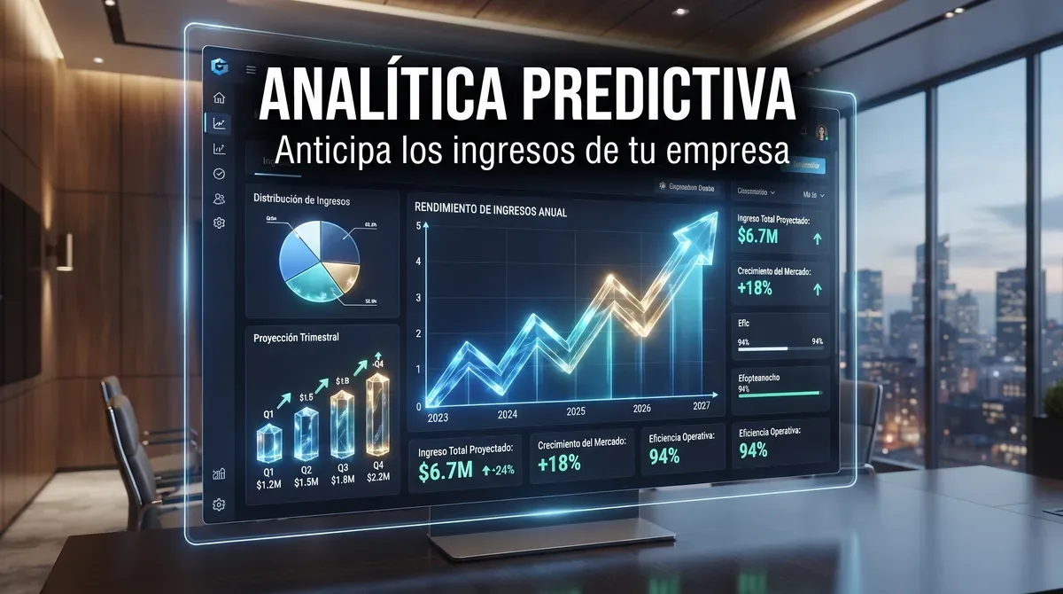 Analítica predictiva de ventas B2B: panel de higiene de pipeline con oportunidades estancadas señaladas, indicadores leading y lagging comparados en una misma línea de tiempo, curva de cohortes de conversión agrupadas por mes de creación, calibración de probabilidad por etapa frente a la tasa de cierre real, comparación de herramientas de CRM nativo, BI y modelos de machine learning, y una banda de error alrededor del número de forecast semanal para equipos comerciales en España y la Unión Europea