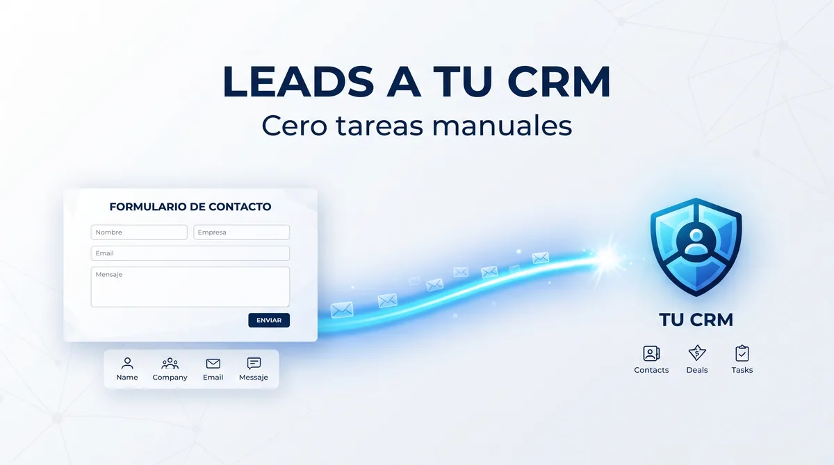 Diagrama del flujo n8n formulario a CRM: webhook de captación, normalización de campos, búsqueda por email para deduplicar, creación de contacto en HubSpot o Pipedrive y alerta al equipo comercial en España y la Unión Europea