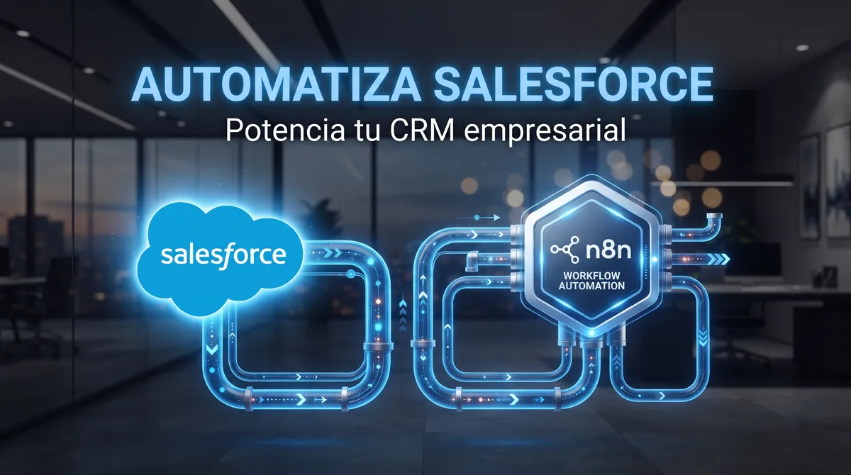 Automatización de Salesforce con n8n para equipos B2B: Connected App con OAuth y scopes, disparador por Platform Event, outbound message o sondeo SOQL, objetos Lead, Contact, Account y Opportunity, upsert por External ID, entornos sandbox y producción, y límites de API diarios en España y la Unión Europea