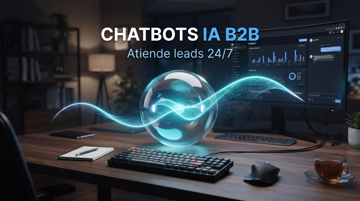 Chatbot de IA para cualificación inicial de leads B2B: ventana de chat en landing con pregunta de descualificación temprana, flujo de derivación a reserva de reunión en calendario, panel de traspaso del transcript al CRM con etiquetas de cualificación, aviso de horario de atención y canal de WhatsApp Business, botón de escalado a agente humano, mensaje de transparencia sobre interacción con IA conforme al RGPD y al Reglamento de IA de la UE, y panel de métricas con tasa de finalización y reuniones agendadas en España y la Unión Europea