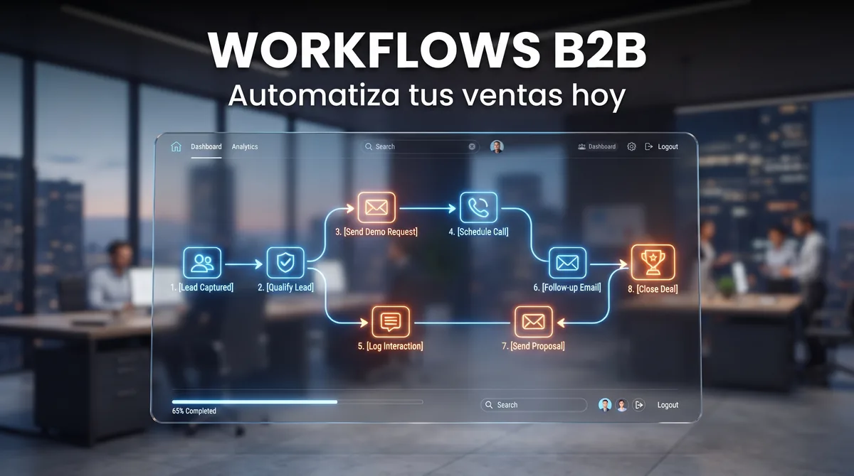 Diagrama del primer workflow en n8n para ventas B2B: formulario web como disparador, nodos de filtrado y enriquecimiento, creación de contacto en CRM y notificación al equipo comercial en España y la Unión Europea