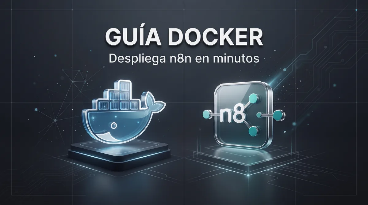 Esquema de instalación de n8n con Docker Compose en un VPS europeo: contenedor n8n, volumen persistente, reverse proxy HTTPS y workflows de automatización B2B conectados a CRM para equipos en España y la UE