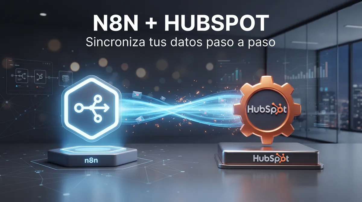 Flujo de integración de n8n con HubSpot para equipos B2B: Private App con scopes de contactos, empresas y Leads, disparador por webhook o sondeo, mapeo de propiedades estándar y personalizadas, idempotencia para evitar contactos duplicados y patrón contacto creado, enriquecido y convertido en Lead en España y la Unión Europea