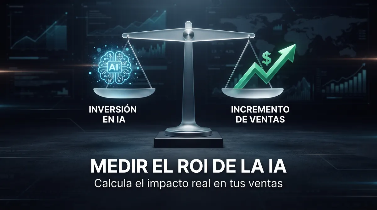 Cuadro de mando del ROI de la IA en un equipo comercial B2B con el stack de costes completo (licencias, tokens de API, integración, revisión humana), la línea base de horas y conversión antes de automatizar, cohortes de control IA-asistida frente a manual, la fórmula de ROI y el payback en meses, y un scorecard trimestral listo para presentar al consejo en España y la Unión Europea