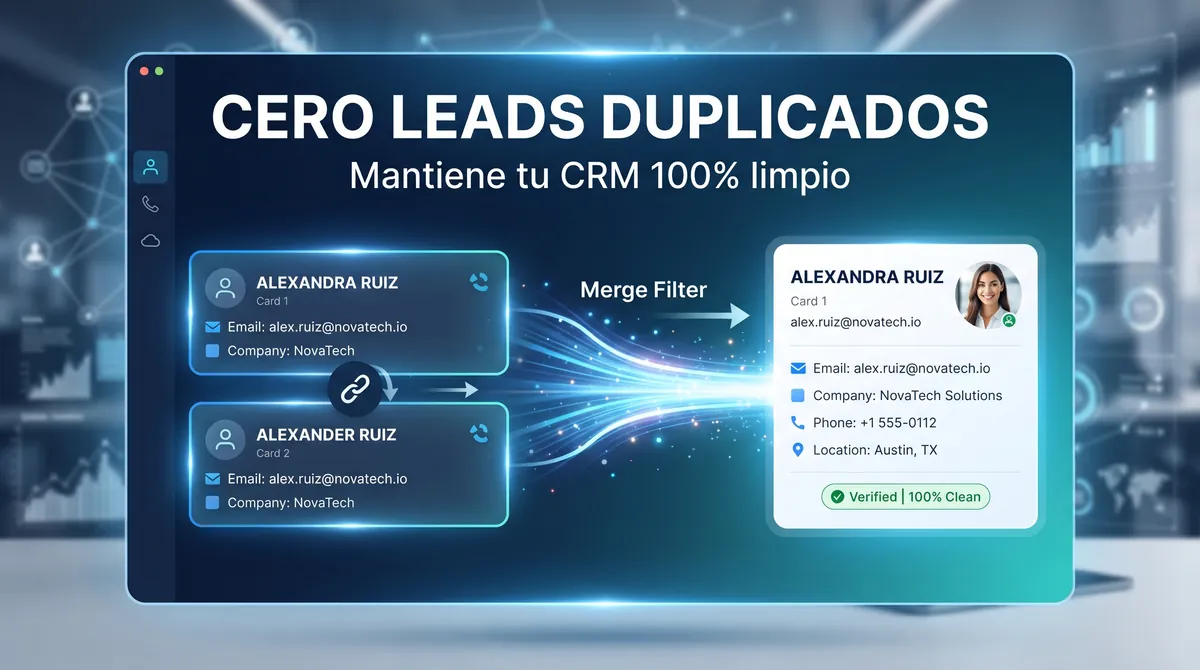 Automatización de la deduplicación de leads en un CRM con n8n para equipos B2B: claves canónicas de email, teléfono E.164, dominio de empresa e ID externo, patrón upsert y search-before-write, reglas de fusión y registro maestro, coincidencia exacta frente a coincidencia por similitud, y cola de cuarentena con registro de auditoría en España y la Unión Europea