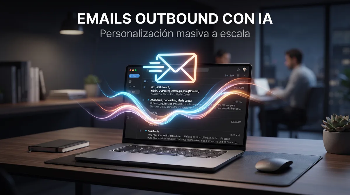IA generativa para correos de outbound personalizados en ventas B2B: panel de research con datos de empresa, rol y trigger event junto a un editor de prompt que redacta el borrador de primer contacto y de follow-up, dos líneas de asunto enfrentadas en test A/B, una cola de revisión humana con botones de aprobar y editar antes de enviar, y un panel de métricas con tasa de respuesta y reuniones agendadas para equipos comerciales en España y la Unión Europea