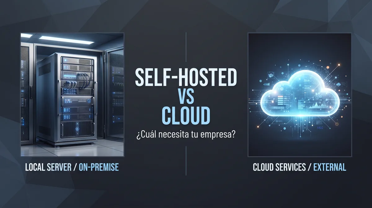 Infografía comparativa entre n8n self-hosted en VPS europeo con Docker y n8n Cloud gestionado: ejes de coste mensual, control RGPD, mantenimiento operativo, escalado de workflows y recomendación para equipos B2B de ventas y operaciones en España y la Unión Europea