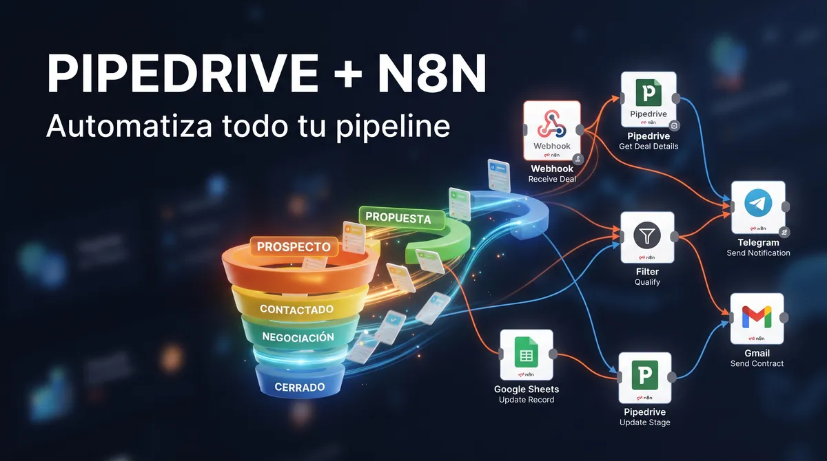 Automatización del pipeline de ventas en Pipedrive con n8n para equipos B2B: token de API personal frente a app OAuth, webhook de cambio de etapa frente a sondeo, objetos Person, Organization, Lead y Activity, actividades automáticas cuando un Lead se estanca, y presupuesto de peticiones y errores 401 y 404 en España y la Unión Europea