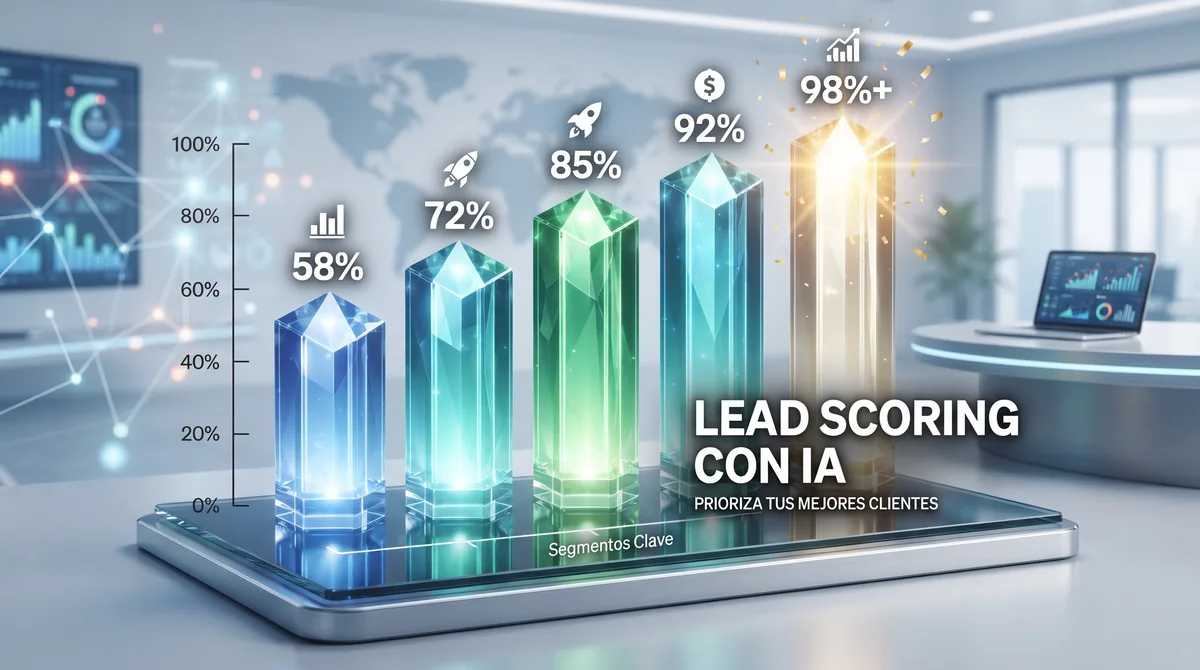 Scoring predictivo de leads con IA: panel de probabilidad calibrada por lead, curva de calibración entre score y tasa de conversión real, matriz de importancia de variables del modelo, alerta de deriva del modelo por caída de precisión, umbrales de paso a MQL y a SQL, registro de anulación manual del comercial con motivo y comparación de bandas de score en una prueba A/B frente al criterio manual para equipos comerciales en España y la Unión Europea