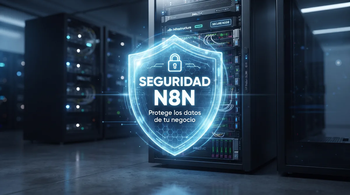 Guía visual de seguridad para n8n self-hosted en empresas B2B: bloqueo del panel con usuarios individuales y MFA, custodia de credenciales y claves de cifrado, tráfico protegido con HTTPS y TLS, reglas de firewall para webhooks, rutina de copias de seguridad, plazos de conservación conforme al RGPD y registro de auditoría para equipos de operaciones comerciales en España y la Unión Europea
