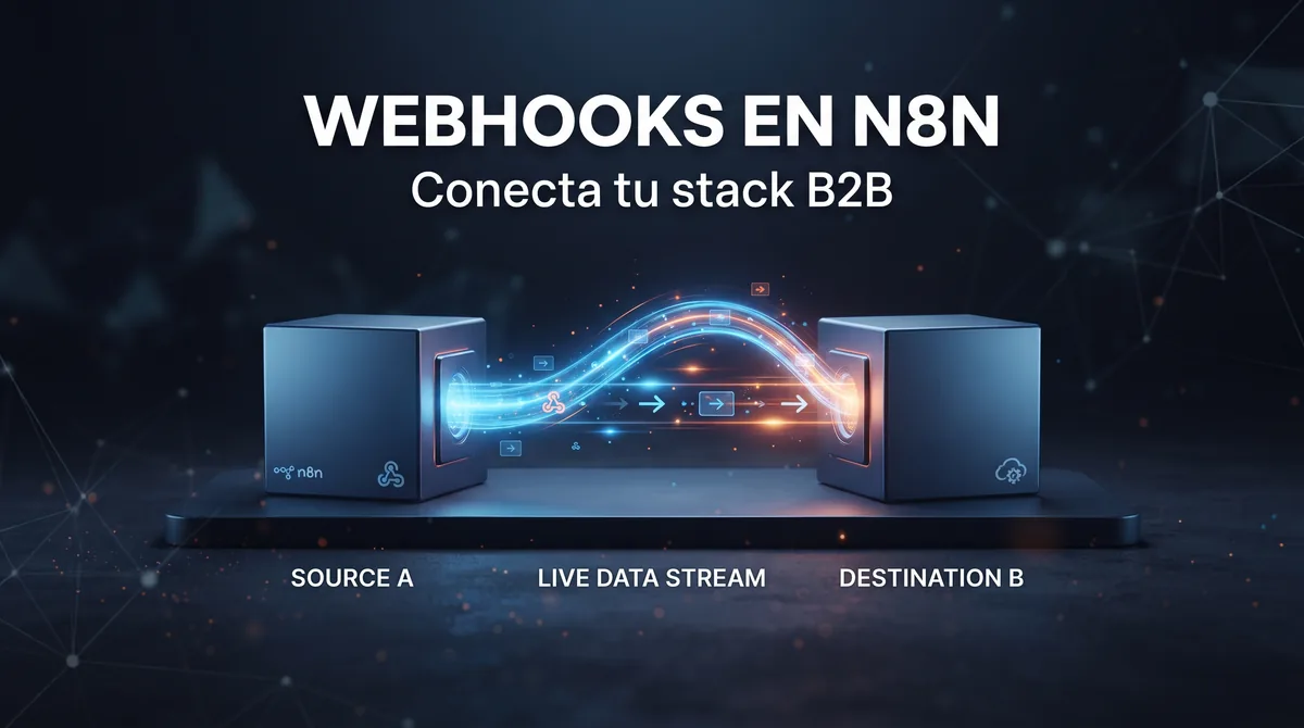 Esquema de webhooks en n8n para integraciones B2B: recepción POST, validación de token, procesamiento del payload, respuesta HTTP al emisor y enrutado hacia CRM, formularios y sistemas de facturación para equipos en España y la Unión Europea