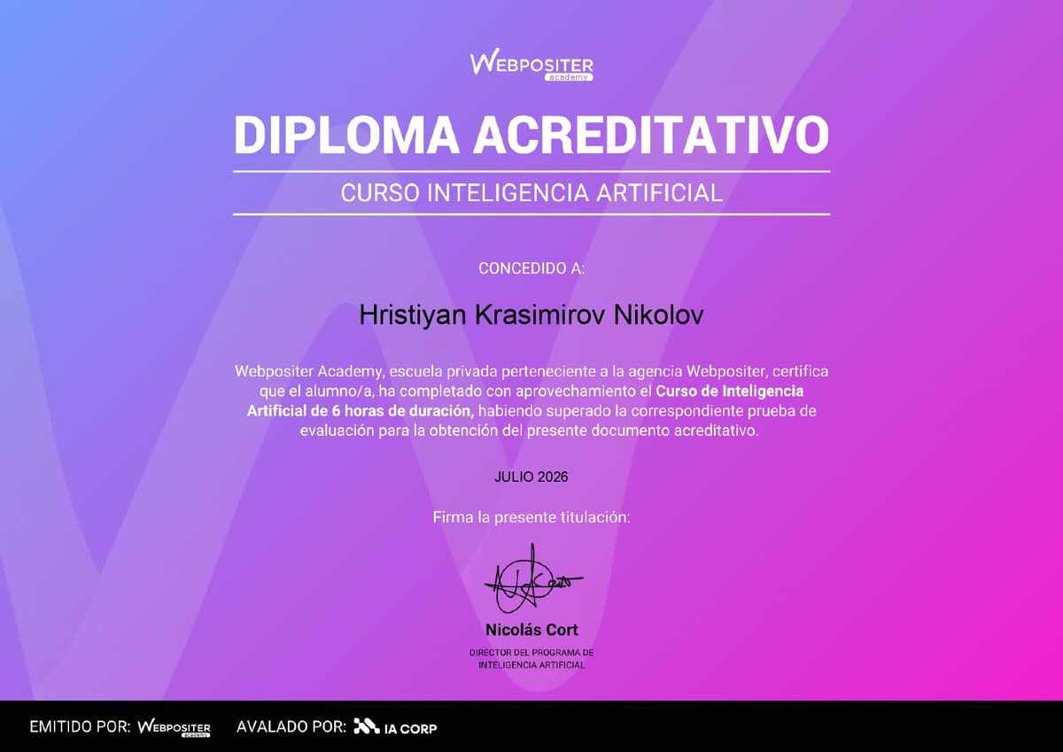 Diploma acreditativo de Inteligencia Artificial — Hristiyan Krasimirov Nikolov
