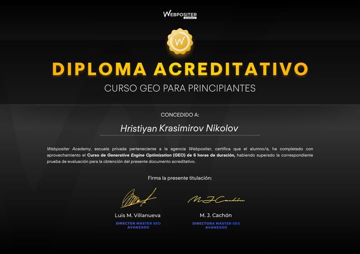 Diploma acreditativo Curso GEO para principiantes — Hristiyan Krasimirov Nikolov, Webpositer Academy